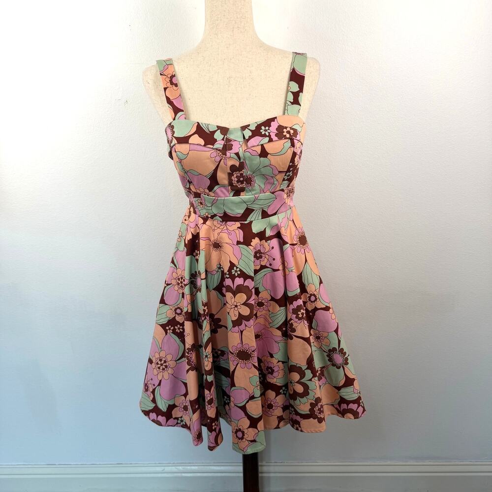 Y2K Eva Rose Brown Pink Green Floral Fit Flare Romantic Dress Women's Medium